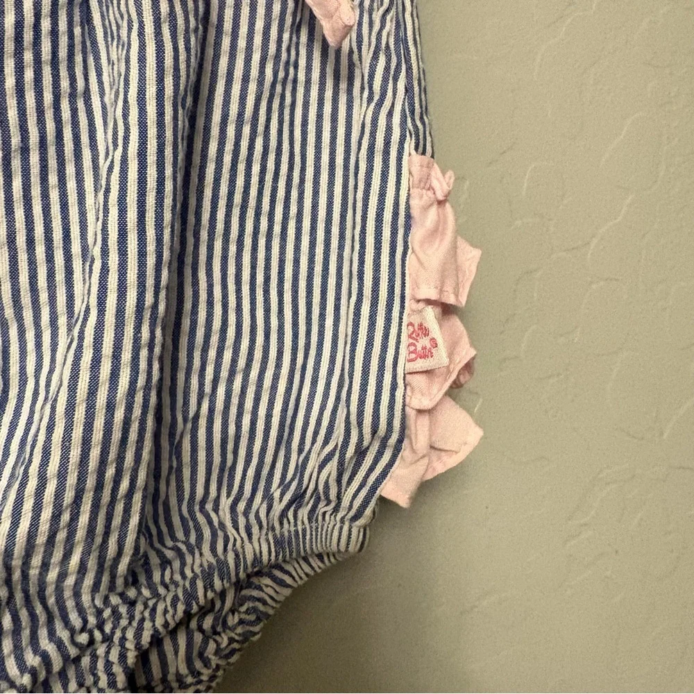 ⭐️Ruffle Butts blue and white striped pink bow ruffle romper 0-3 months